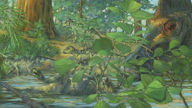 Artist’s reconstruction of the nesting ground of Hypacrosaurus stebingeri. A deceased Hypacrosaurus nestling can be seen with the back of its skull embedded in shallow waters. The mother is portrayed at right.