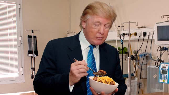Image for article titled ‘Sorry About The Tornado Or Whatever,’ Says Trump Wolfing Down Bowl Of Chili While Consoling El Paso Shooting Victim