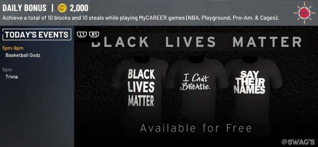 Image for article titled NBA 2K20 Is Giving Players "I Can't Breathe" And "Black Lives Matter" T-Shirts