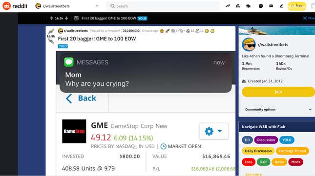Image for article titled Angry Reddit 'Mob' and Shortsellers Clash Over Gamestop's Ridiculous Stock Market Jump