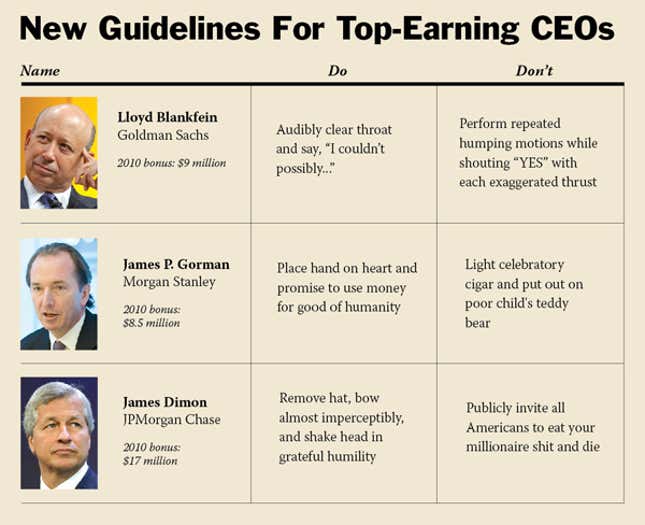 Image for article titled New Law Forces CEOs To Humbly Shrug Before Receiving Massive Bonuses