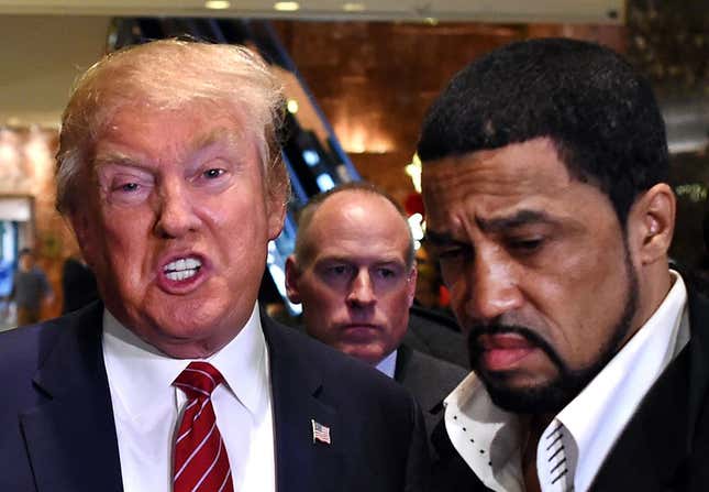 Donald Trump arrives to speaks to the press with Rev. Darrell Scott, senior pastor of the New Spirit Revival Center in Cleveland Heights.