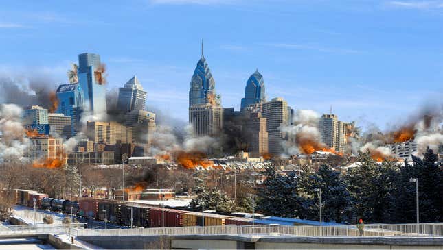 Philadelphia officials say they’re optimistic enough about their chances of landing the new headquarters that it just made sense to implode the downtown area.