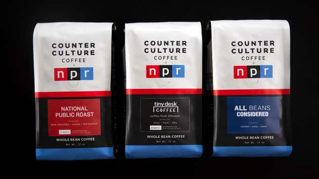 Three bags of NPR Counter Culture Coffee on a black background