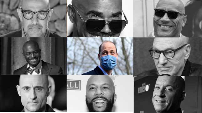 Photo credits (deep breath), from left to right, starting with top row: Stanley Tucci (Jeff Spicer/Getty Images), Shemar Moore (DON EMMERT/AFP via Getty Images), Dwayne Johnson (Jean Baptiste Lacroix/Getty Images), Taye Diggs (Cindy Ord/Getty Images for TLC), Prince William (Justin Tallis - WPA Pool/Getty Images), Patrick Stewart (Emma McIntyre/Getty Images), Mark Strong (Tabatha Fireman/Getty Images), Common (Jason Mendez/Getty Images for The Town Hall), Vin Diesel (Amy Sussman/Getty Images). Not pictured: Hair.
