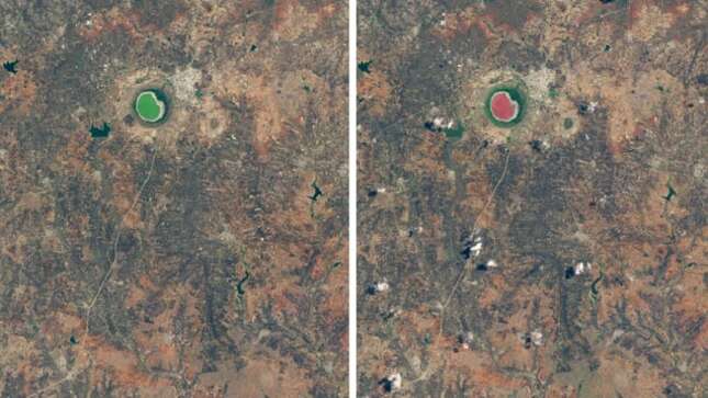 Imagen para el artículo titulado Este lago formado por un meteorito cambió de color de repente