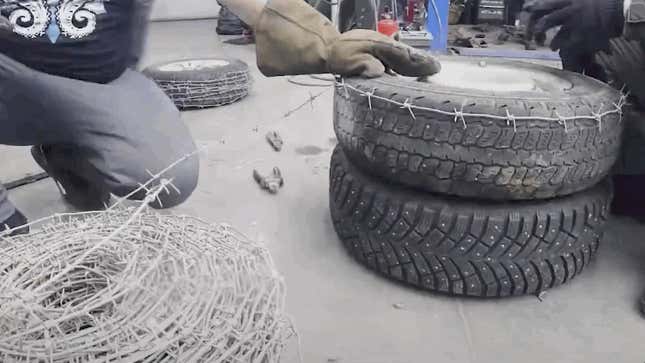 Our Favorite Russians Attempt To Make Studded Tires Using Barbed Wire