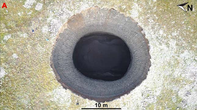 A view of the crater from directly above, as captured by the aerial drone.