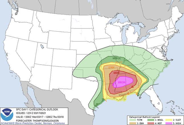 The South Faces Dangerous 'High Risk' Weather and Tornadoes