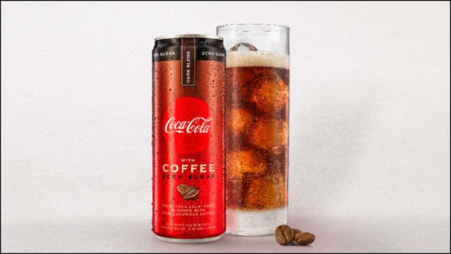 Product shot of Coca-Cola with Coffee in both a can and a glass [image provided by Coca-Cola]