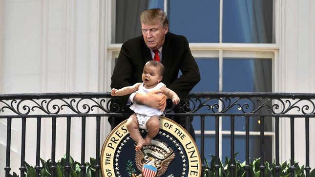 Image for article titled Crowd Shocked After Unhinged Trump Dangles Baby From Truman Balcony