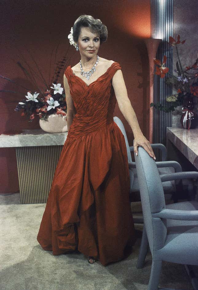 Michelle Phillips wearing a $3,000 dress for an appearance on the soap opera “Search for Tomorrow,” 1983, when the soaps were flush.