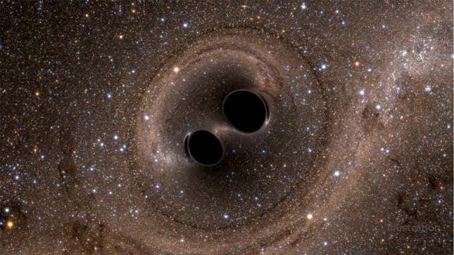 This computer simulation shows the collision of two black holes, which produces gravitational waves.
