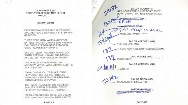 Two script pages from Toon Maker’s American Sailor Moon show.