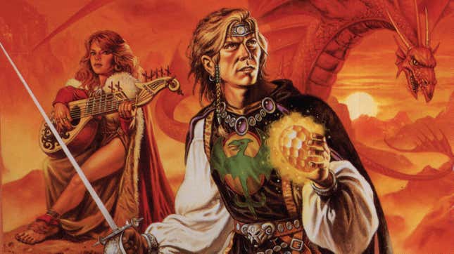 A portion of Clyde Caldwell’s original cover for The Wyvern’s Spur. From left: Olive Ruskettle, Giogi Wyvernspur, and a dragon.