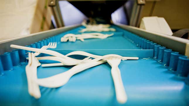 Production of “biodegradable” cutlery made from bioplastic in Italy. 