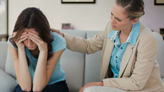 Image for article titled Woman Comforting Friend Just Going To Throw Compliments Against Wall And See What Sticks