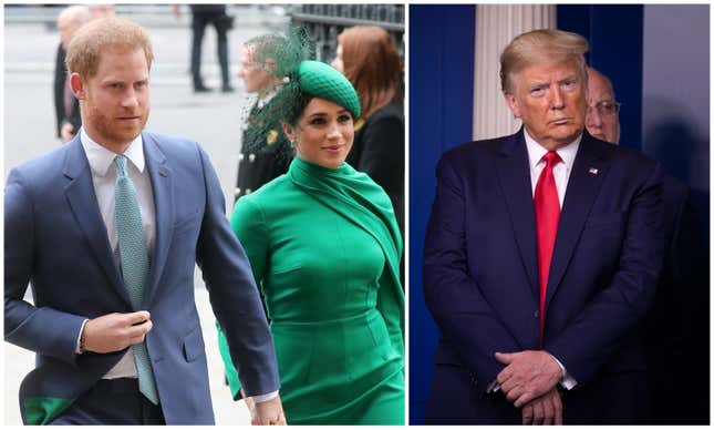 Image for article titled No One Asked Him To, but Donald Trump Insists U.S. Won&#39;t Be Paying for Harry and Meghan&#39;s Security