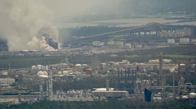 A chemical fire burns at a Biolab manufacturing facility during the aftermath of Hurricane Laura Thursday, Aug. 27, 2020, near Lake Charles, Louisiana.