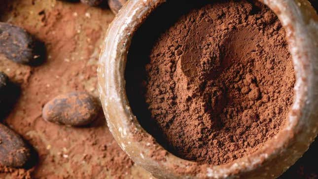 Crock full of cocoa powder, seen from above