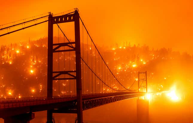 The Bidwell Bar Bridge as the Bear Fire burns in Oroville, California, on Wednesday, Sept. 9, 2020.
