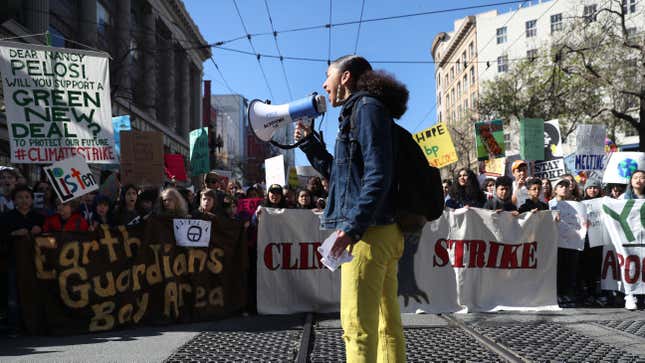 A climate striker leads a march in San Francisco in March 2019.