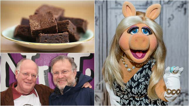 Clockwise from top left: A plate of brownies, Miss Piggy, and Ben Cohen and Jerry Greenfield