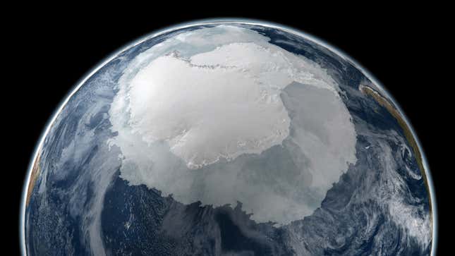 This visualization shows Antarctic sea ice (transparent white) rimming the continent (solid white) in the austral winter of 2005.