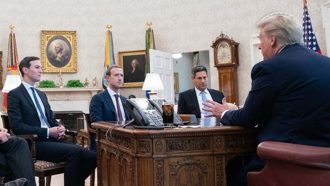 Oval Office meeting on September 19, 2019 with (from left) Professional son-in-law Jared Kushner, Facebook CEO Mark Zuckerberg, Facebook’s Joel Kaplan, and President Donald Trump