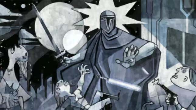 A mural in the Mandalorian capital, Sundari, depicting the Mandalorians in battle with Jedi and Republic forces.
