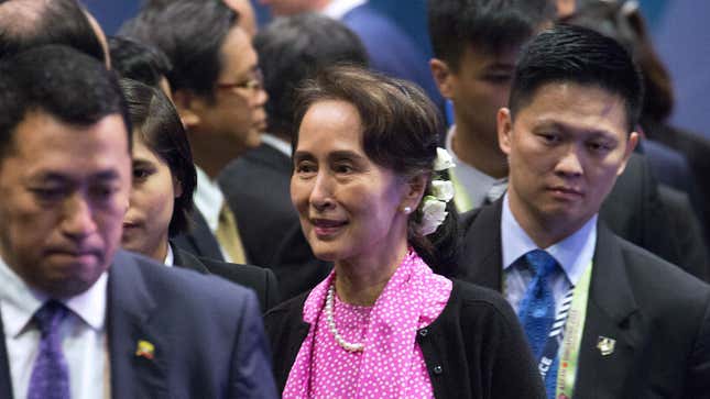 SINGAPORE, SINGAPORE - November 14: Myanmar’s State Counsellor Aung San Suu Kyi attends the ASEAN-Russia summit on the sidelines of the 33rd Association of Southeast Asian Nations (ASEAN) summit on November 14, 2018 in Singapore. Leaders from around the world gathered this week in Singapore during the 33rd ASEAN Summit as well as related summits, including Russian President Vladimir Putin as well as U.S. Vice President Mike Pence and Chinese Premier Li Keqiang, who joined the meetings amidst ongoing trade tensions between Washington and Beijing.