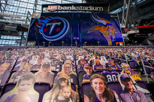 Cutouts of fans are afixed to seats before the game between the Tennessee Titans and Minnesota Vikings at U.S. Bank Stadium on September 27, 2020 in Minneapolis, Minnesota. 