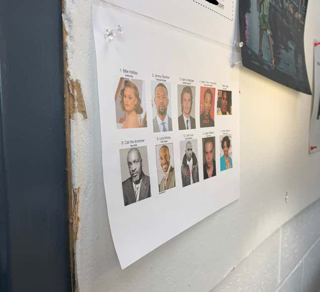 Cast face sheets and behind-the-scenes still on the set of The United States Vs. Billie Holiday.