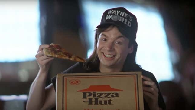 Mike Meyers holding up Pizza Hut Pizza in "Wayne's World"