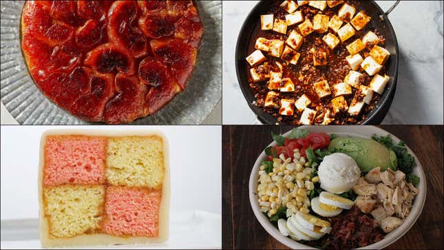 Clockwise from upper left: Tarte tatin, mapo tofu, Cobb salad, Battenberg cake