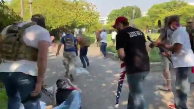 Image for article titled Proud Boy Trump Supporters Chase Down and Attack Black Lives Matter Counterprotesters in Oregon
