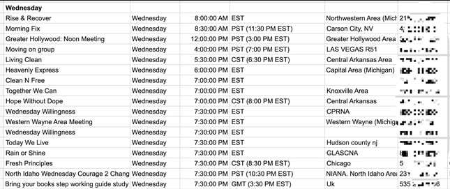 The Wednesday meetings from the manifesto detailing nearly 200 meetings happening weekly nationwide. Zoom codes are censored.