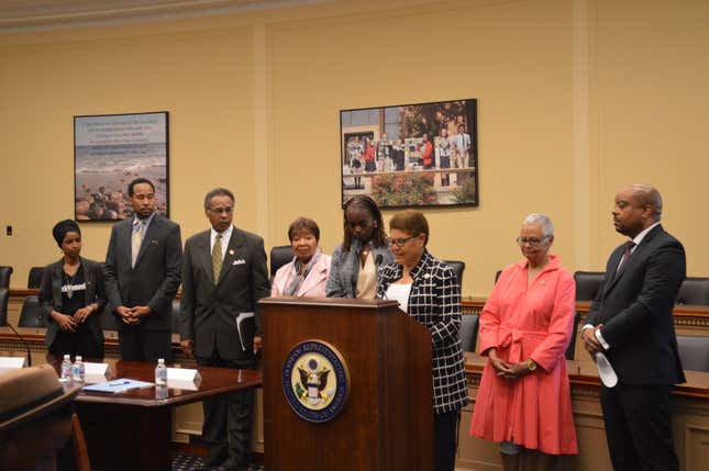 From Left. Rep. Ilhan Omar, David Johns, Rep. Emanuel Cleaver, Rep. Eddie Bernice Johnson, Dr. Alfiee Breland-Noble, Rep. Karen Bass, Rep. Bonnie Watson Coleman, Michael A. Lindsey, at the CBC Task Force on Black Youth Suicide and Mental Health brought together experts in Washington, D.C., April 30, 2019.
