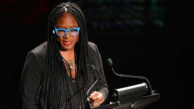 Alicia Garza speaks onstage as Audible presents: “In Love and Struggle” at Audible’s Minetta Lane Theater on February 29, 2020, in New York City.