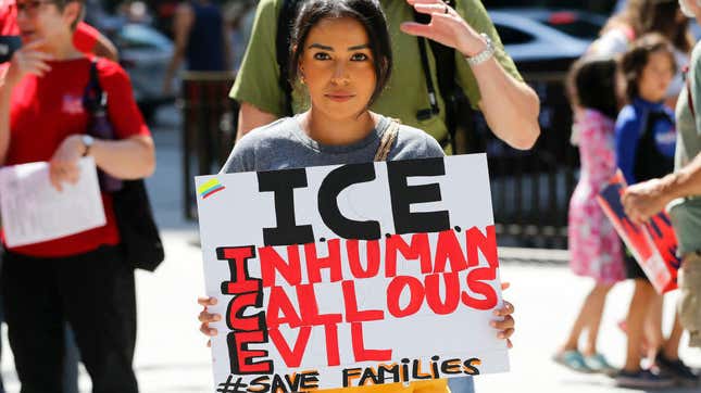  Protesters march to offices of the U.S. Immigration and Customs Enforcement on July 13, 2019, to call for an end to criminalization, detention and deportation of migrants. 
