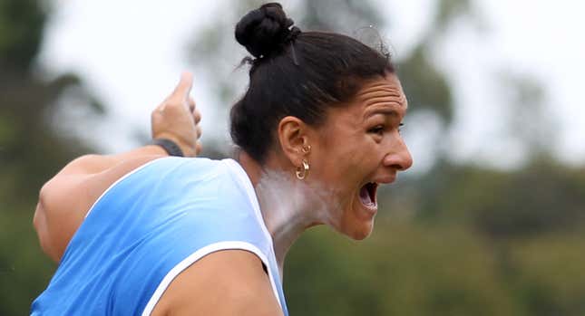 If you kick Valerie Adams she’ll throw a heavy rock at your face. (Photo credit: Rob Jeffires/Getty)
