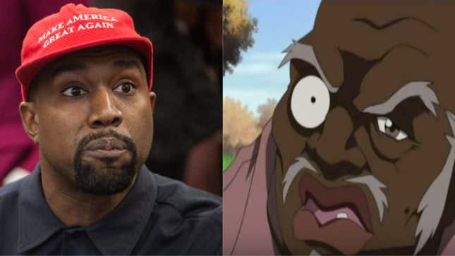 (L-R): Kanye West speaks during his meeting with US President Donald Trump in Washington, DC, on October 11, 2018. ; Uncle Ruckus in The Boondocks