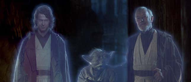 Yoda, Obi-Wan, and a younger Anakin coalesce before Luke after the Battle of Endor.