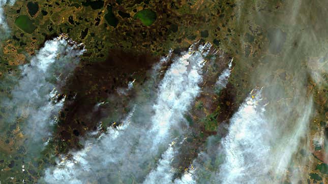 Wildfires seen via satellite burning north of the Arctic Circle in Siberia on June 30.