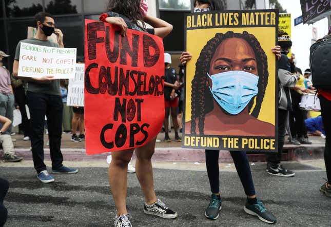 Black Lives Matter-Los Angeles supporters protest outside the Unified School District headquarters calling on the board of education to defund school police on June 23, 2020 in Los Angeles, California.