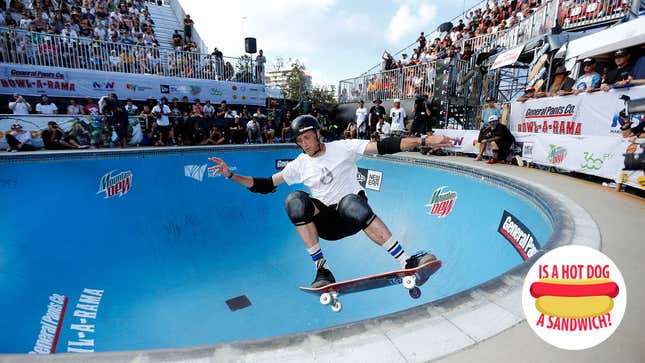 Image for article titled Hey Tony Hawk, is a hot dog a sandwich?