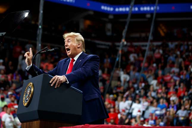 FIRING UP THE CROWD: Donald Trump at a campaign rally at the Target Center, Oct. 10, 2019, in Minneapolis.