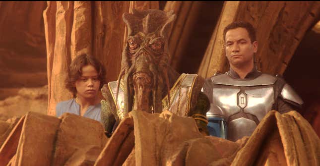On the right: Actor Temuera Morrison as Jango Fett. To the left, the role of Boba Fett.... which Morrison is now playing.