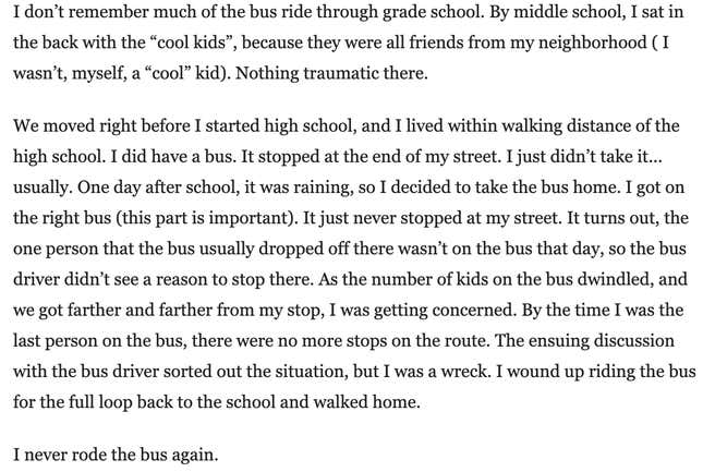 Image for article titled Here Are Your Traumatic School Bus Stories