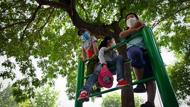 Children in China wearing face masks on April 28, 2020.